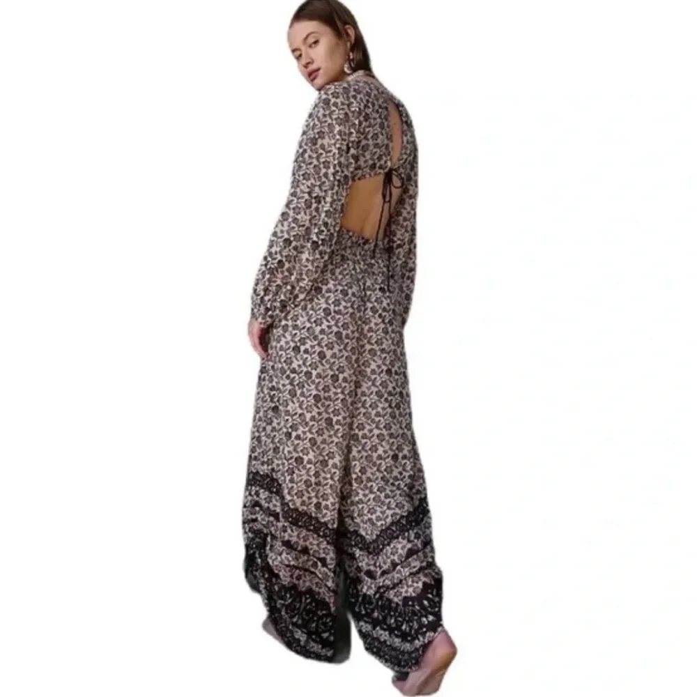 Free People Soulmate Balloon Leg Jumpsuit Long Sleeve Boho Neutral Floral  Sz M